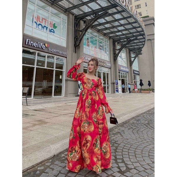 Đầm maxi lụa hoa tay dài đi biển siêu xinh TRIPBLE T DRESS - size M/L - MS72V