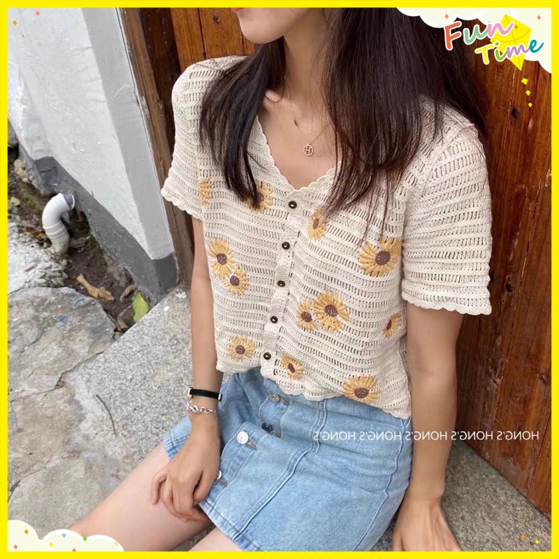 Áo Sweater Cổ Chữ V Dáng Rộng Thêu Hoa Xinh Xắn Cho Nữ Mùa Hè