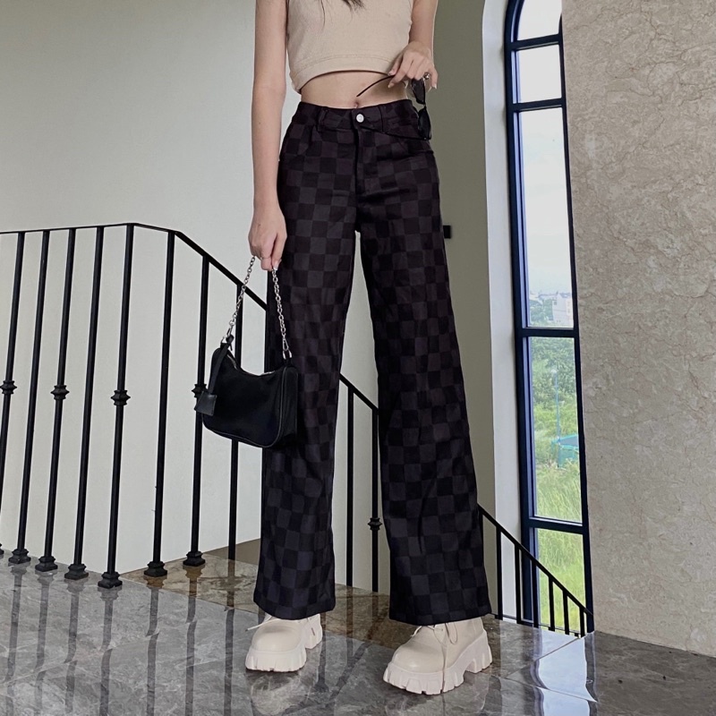 Quần ống rộng kẻ caro ô vuông đen