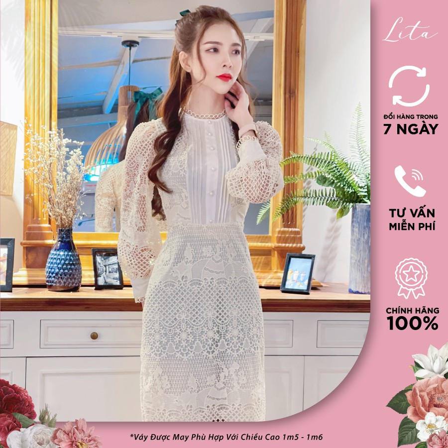 Đầm thiết kế nữ Lita - Váy công sở ren thêu hoa chít eo tay phối voan SKU: VR02