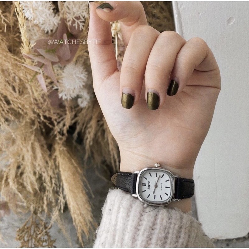 Đồng hồ nữ dây da mặt vuông RATE đen mặt trắng đồng hồ nữ mặt nhỏ chính hãng Watchesbytif đẹp giá rẻ chống nước size 22 | BigBuy360 - bigbuy360.vn