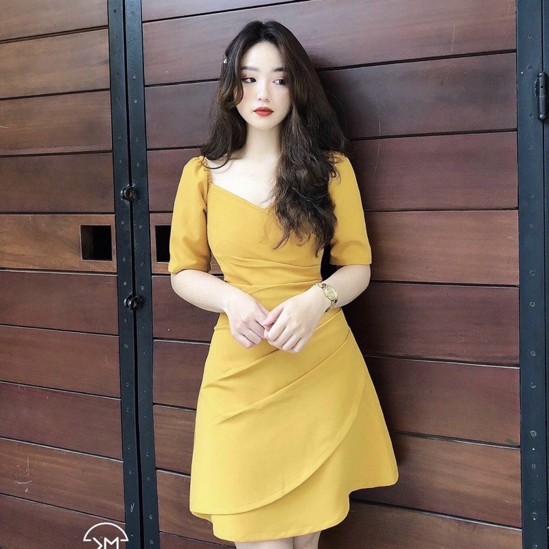 Đầm váy cổ V xếp li eo 3 màu