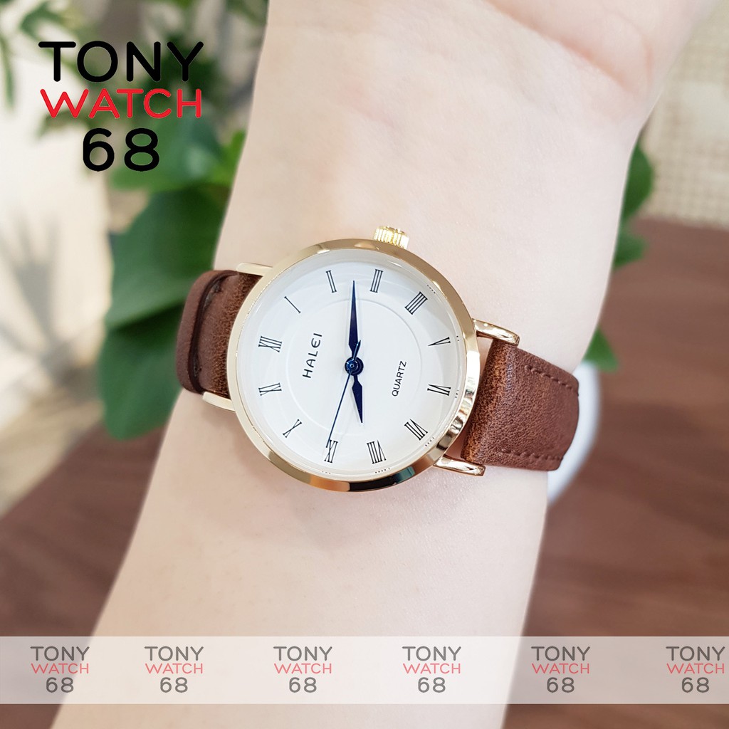 Đồng hồ cặp đôi nam nữ Halei kim xanh mặt trắng dây da nâu chính hãng Tony Watch 68