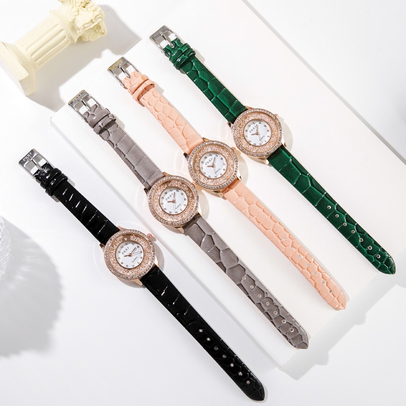 Đồng hồ quartz đính hạt đá với dây đeo da sang trọng