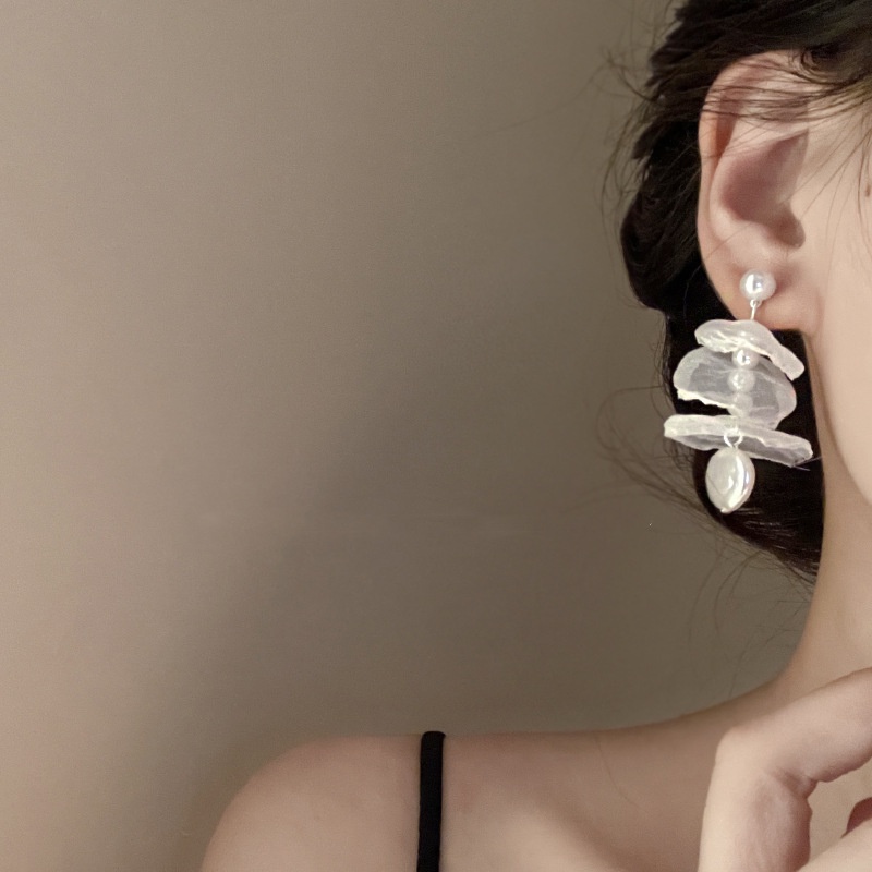 Bông Tai chiffon Đính Ngọc Trai Phong Cách Thần Tiên vintage Pháp