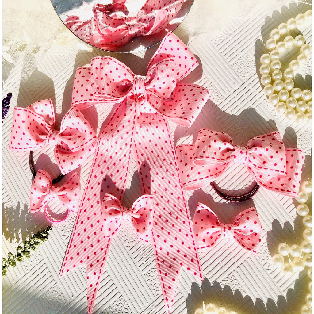 Bộ buộc, kẹp nơ hồng chấm bi cho cả gia đình