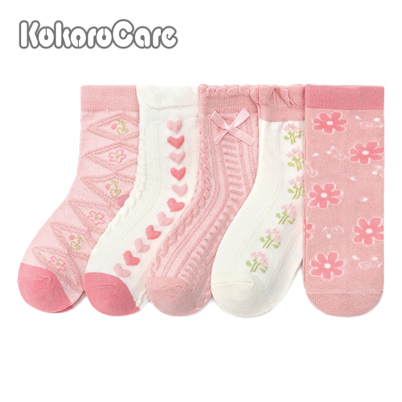 Set 5 đôi vớ cotton KOKOROCARE HW-01 cổ thấp gắn nơ xinh xắn size S / M / L cho bé gái 1-8 tuổi