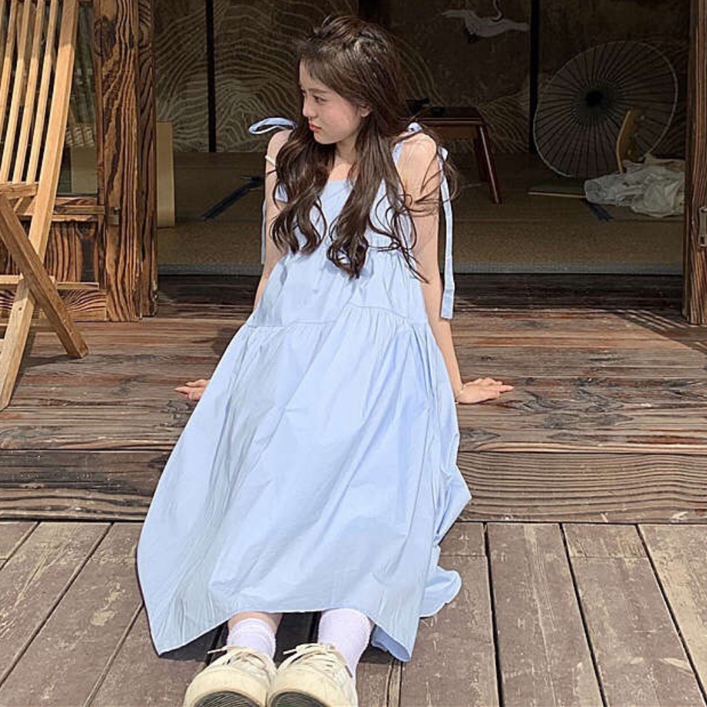 Đầm babydoll hai dây thô buộc vai bản to phong cách Ulzzang Hàn Quốc (Video Unbox)