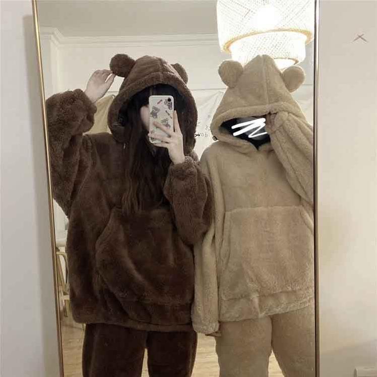 Set hoodie có mũ tai gấu cute 2 màu nâu , be siêu xinh chất lông dày dặn, ấm áp đồ ngủ mùa Đông mặc nhà