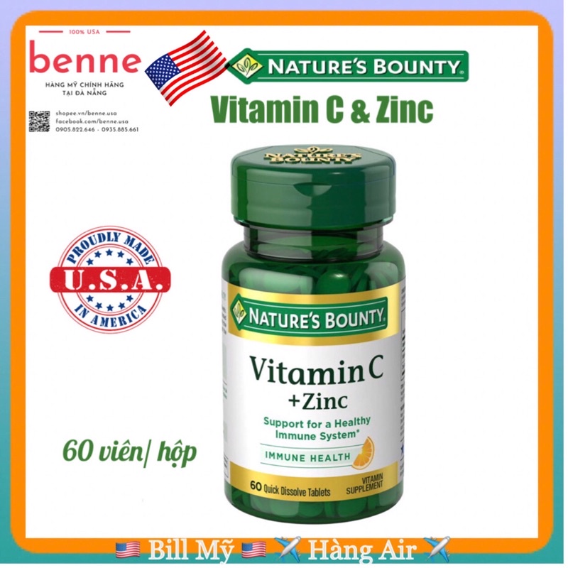 [🇺🇸Bill Mỹ] Viên ngậm Nature's Bounty Vitamin C + Zinc Tăng Đề Kháng &amp; Ngừa Mụn Nội Tiết, Bổ Sung C và Kẽm của Mỹ, 60 v