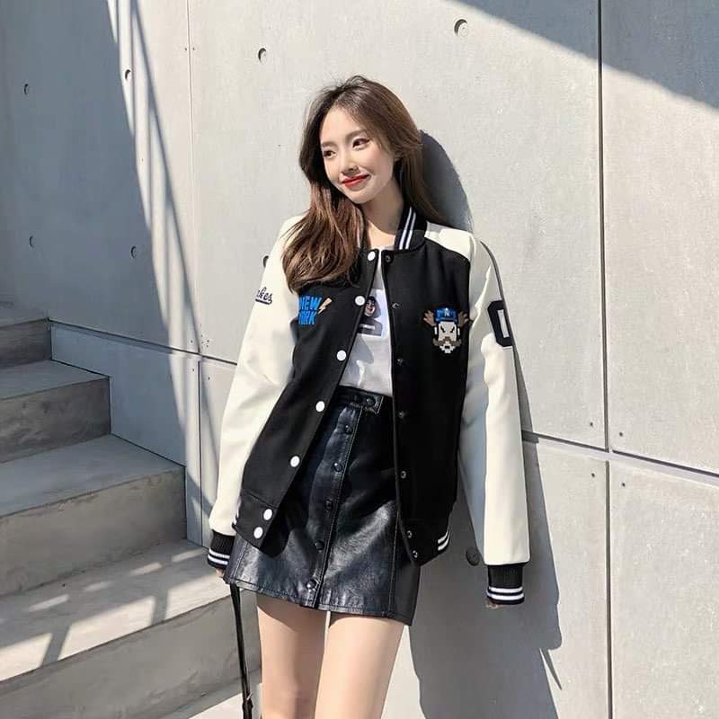ÁO KHOÁC MLBNY BOMBER VARSITY MARIO TRẮNG ĐEN - KHOÁC NỈ UNISEX NAM NỮ - HÀNG CÓ SẴN