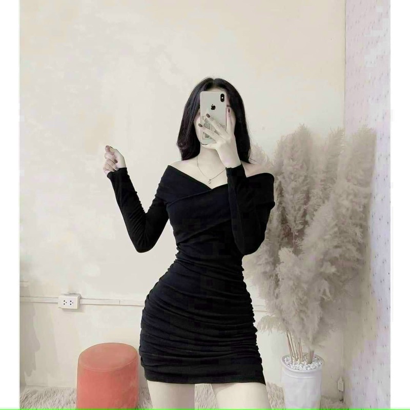 Đầm ôm body trể vai tay dài nhún eo sang chảnh, sexy