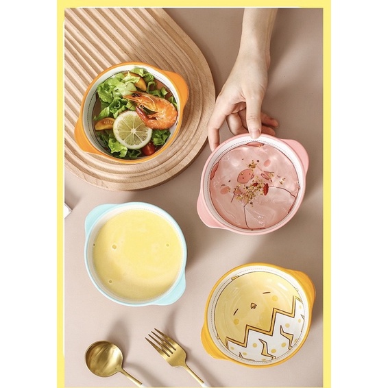 Chén sứ ngộ nghĩnh kèm thìa, bát ăn cháo, cơm cho bé, bát chè hình thú có 2 tai cầm siêu xinh