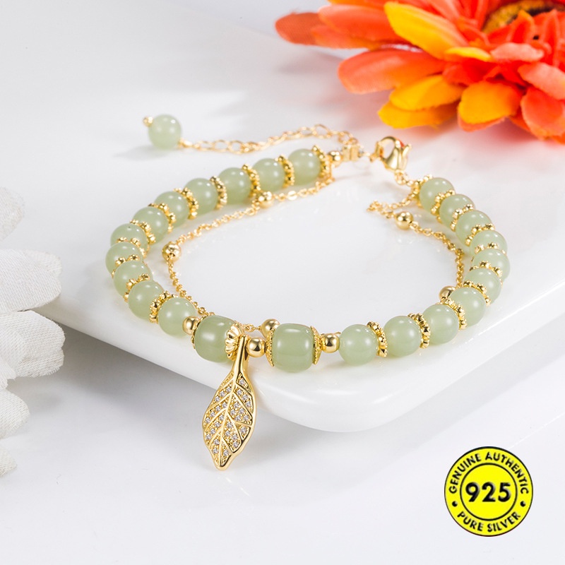 Vòng Tay Chuỗi Đôi Phối Đá Ngọc Bích Thiết Kế Cao Cấp Không Thấm Nước Phong Cách Retro Thanh Lịch