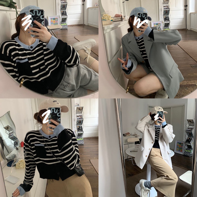 Áo khoác cardigan kẻ sọc màu sắc tương phản năng động thời trang cho nữ