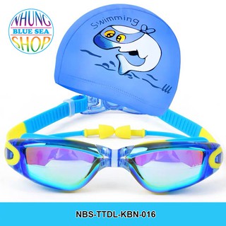 Combo Kính bơi tráng gương trẻ em kèm mũ bơi vàng xanh [Tặng kèm kẹp mũi và bịt tai]
