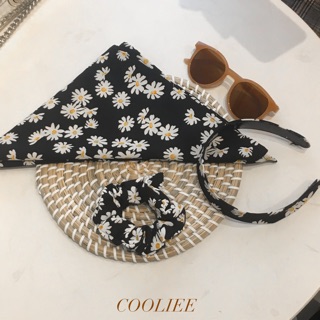 Bộ 3 phụ kiện vải dây buộc tóc scrunchies + bờm tóc + khăn bandana hoa cúc Hàn (full màu)