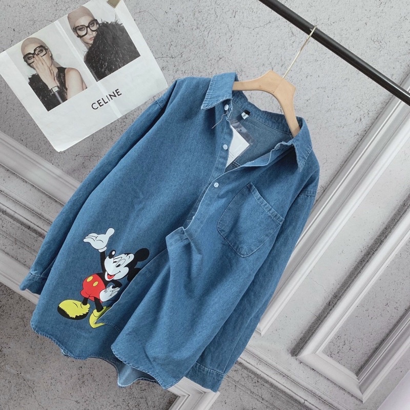 Áo sơ mi jean 2 túi hộp phối hình mặt cười, áo sơ mi jean nữ tay dài VIENS STORE