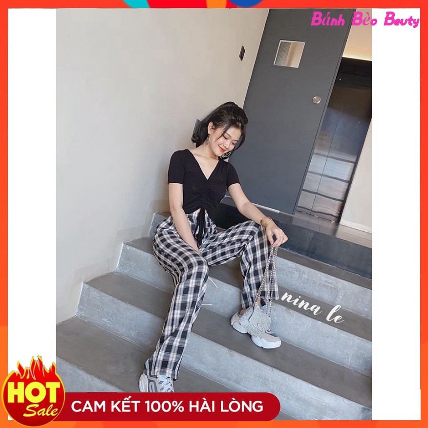 SET ÁO CROPTOP RÚT DÂY EO VÀ QUẦN KẺ SUÔNG ỐNG RỘNG / SET CUTTLOTES QUẦN CARO