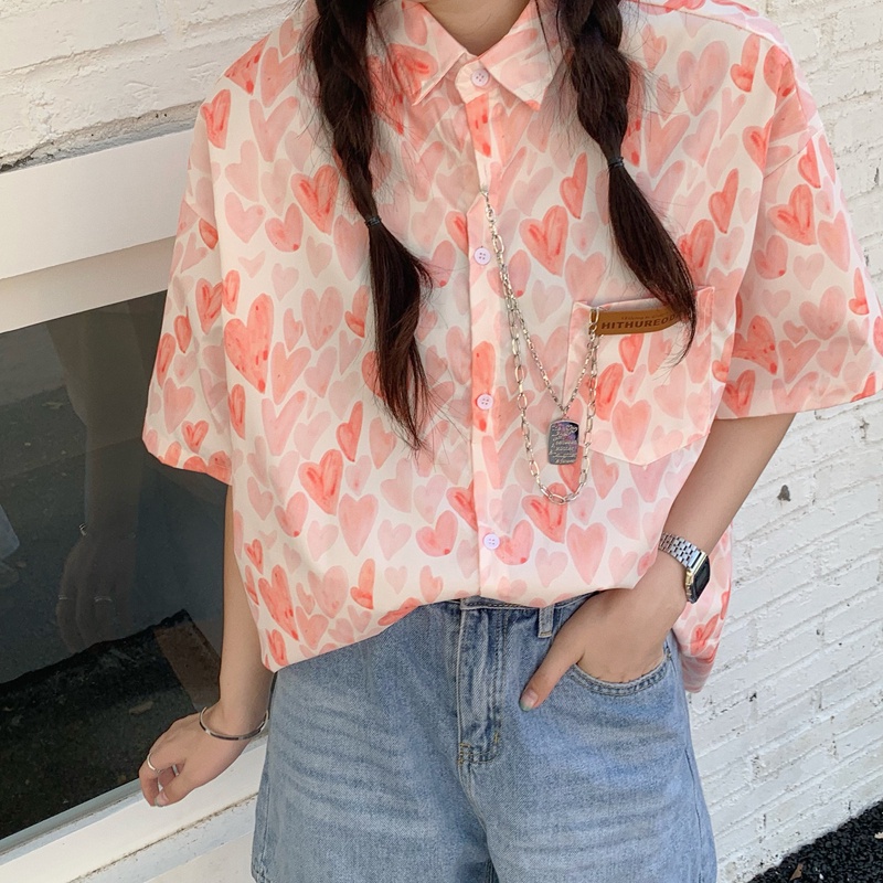 SUXI Áo sơ mi tay ngắn dáng rộng in thời trang mùa hè phong cách Hàn Quốc cho nữ