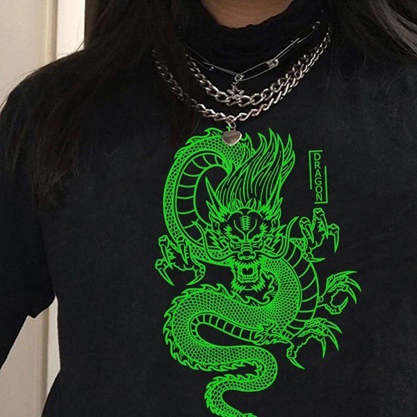 Harajuku cổ điển Phụ nữ rồng vui nhộn Áo phông ngắn tay Tees Ulzzang quần áo