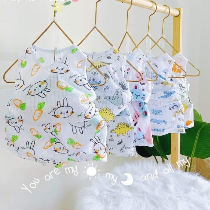 Bộ Ba Lỗ Cotton Giấy Cho Bé Trai, Bé Gái Họa Tiết Dễ Thương Từ 5 – 15kg