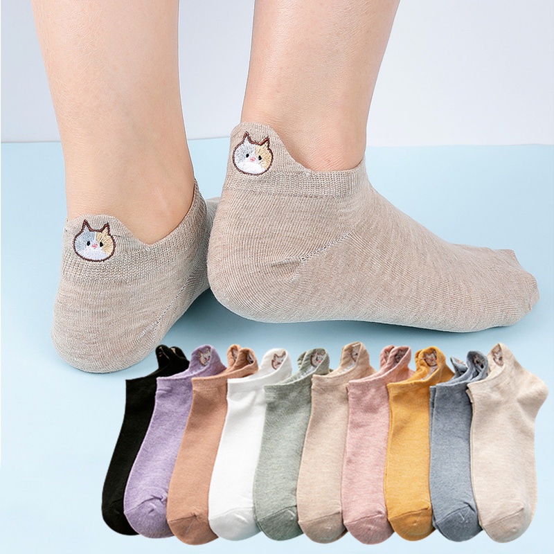 1 Đôi Vớ Cotton Cổ Thấp Mềm Mại Thêu Hình Mèo Dễ Thương Thoáng Khí Khử Mùi Cho Nữ