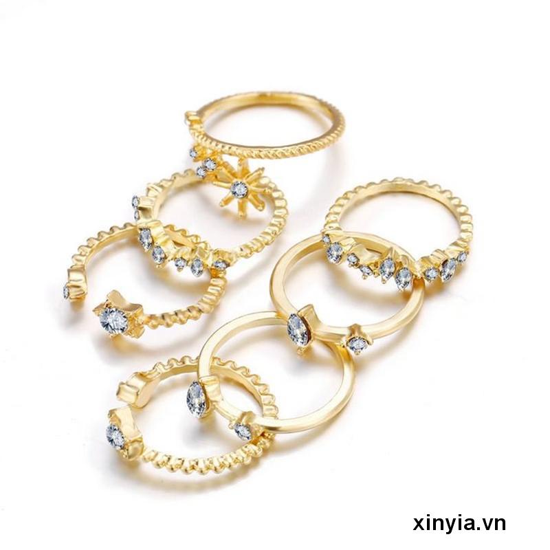 Bộ Nhẫn Đính Kim Cương &amp; Ngọc Trai Hình Ngôi Sao &amp; Mặt Trăng Cổ Điển Cho Nữ