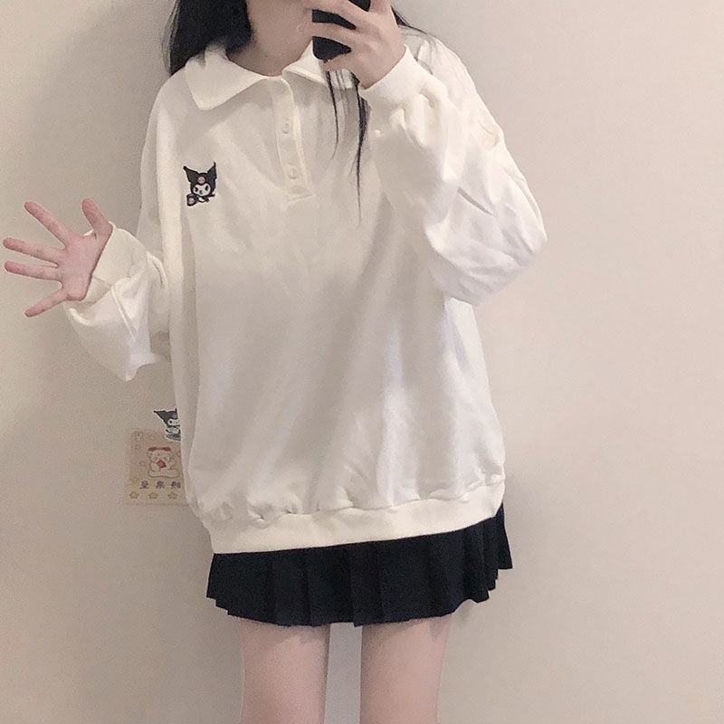 ❣Áo Thun POLO Kuromi❣Áo Thun Sweater Cổ polo Tay Dài Dáng Rộng Mềm Mại Màu Trắng/Xanh Dương Phong Cách Nhật Bản Dễ Thương Thời Trang Mùa Thu Cho Bạn Gái