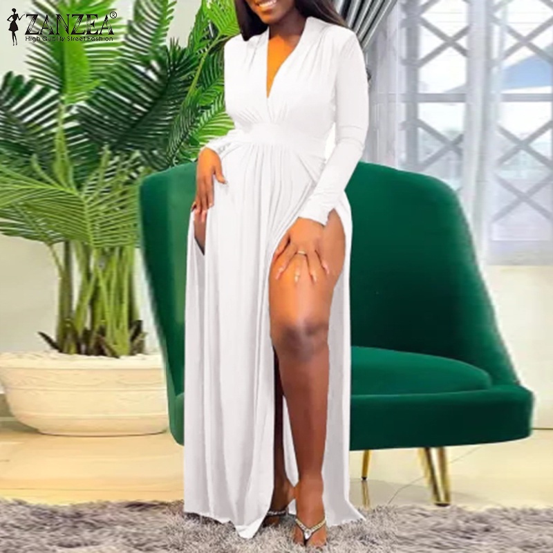 Đầm maxi ZANZEA cổ v tay dài xẻ tà ôm eo thời trang nữ