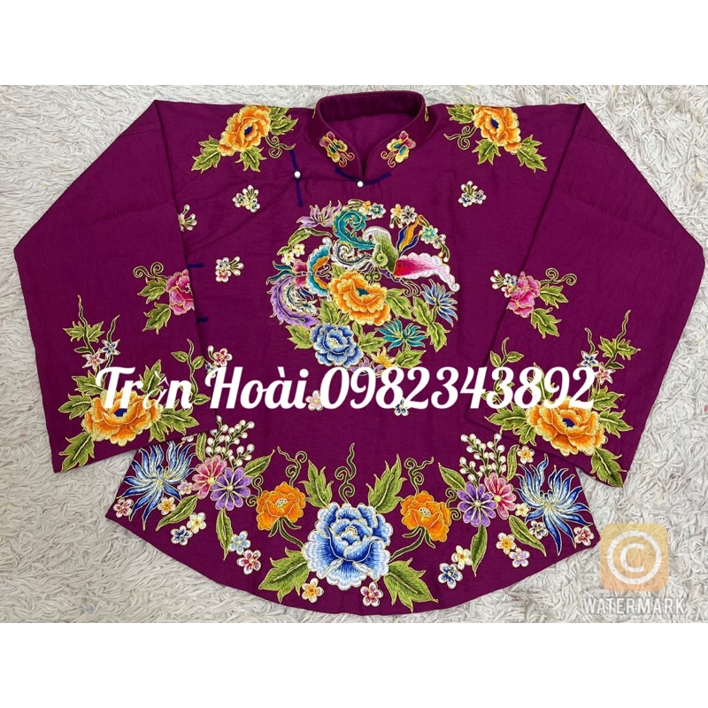 Khăn áo hầu đồng - áo Cô đôi , cô Sáu , Cô bé thêu hoa mẫu đơn nền vải đũi