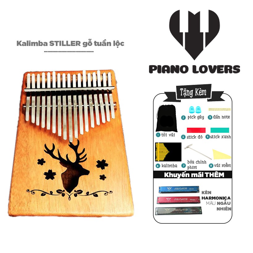 Đàn Kalimba 17 phím Gỗ Stiller Tặng Kèm Harmonica đủ màu sắc - Mẫu Tuầ