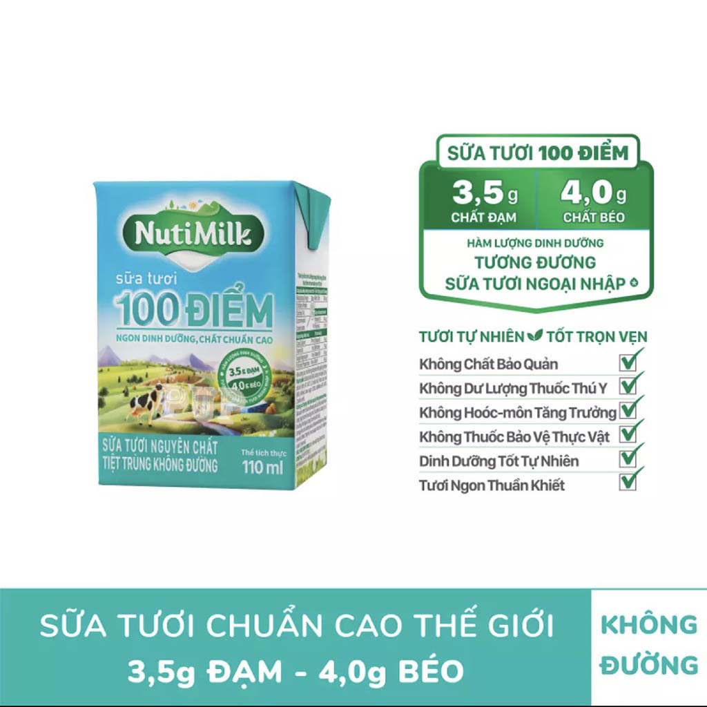 Sữa Tươi  Tiệt Trùng 100 Điểm Không Đường Nutimilk 110ml