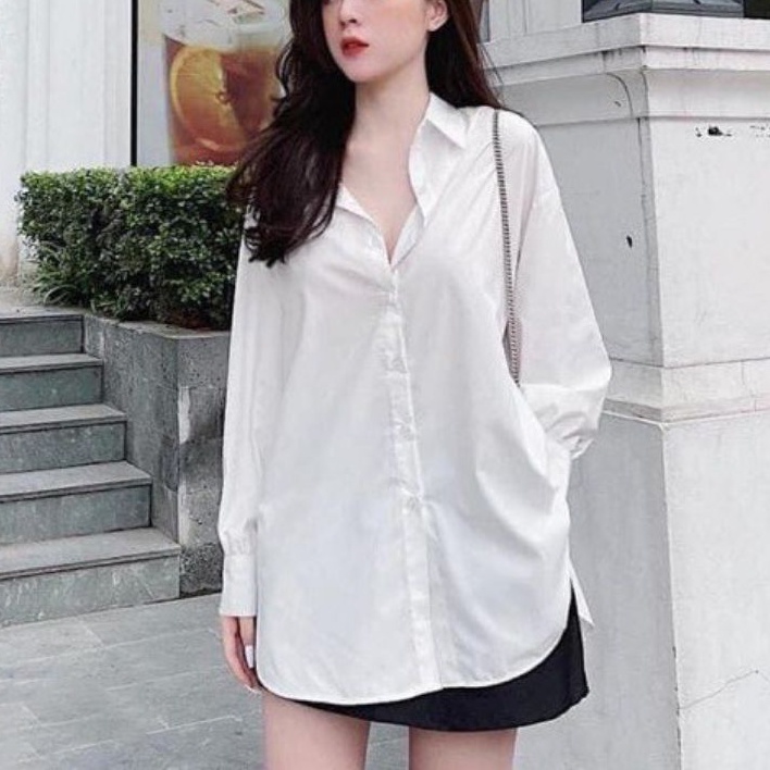 Áo sơ mi FOREVER21 cotton lụa tay dài trắng form rộng vạt bầu cách điệu