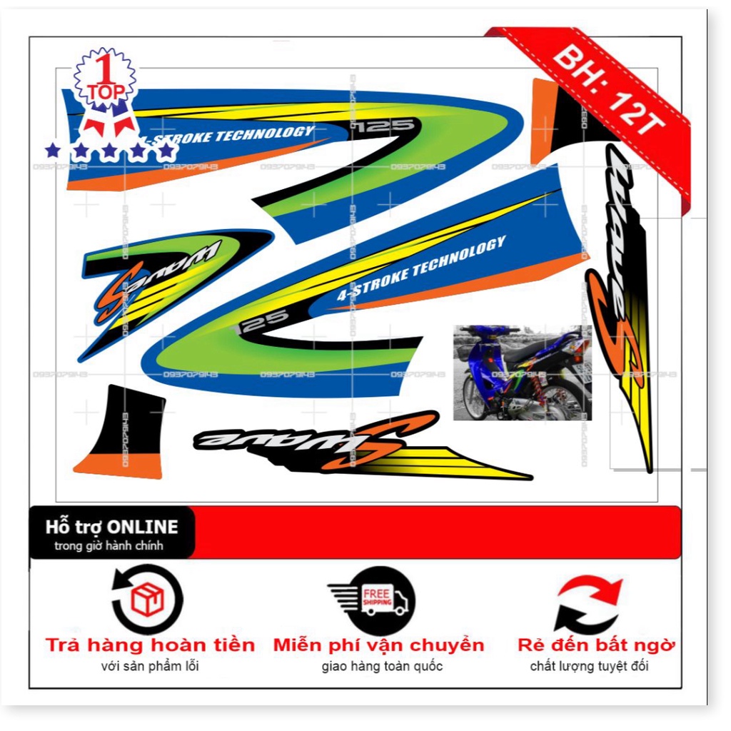 ( Quí khách vui lòng mang ra tiệm cho thợ dán ) Tem wave S 125 xanh đen