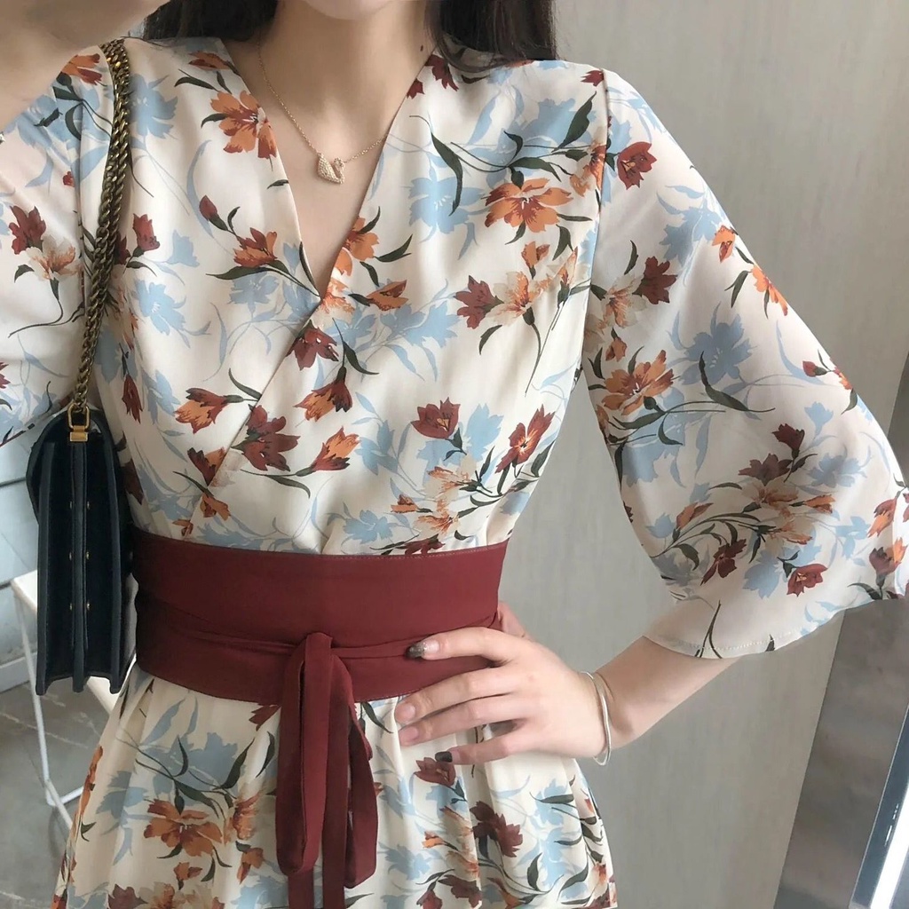 Đầm Hán Phục Cổ Chữ v Cột Dây Họa Tiết Hoa Nhí Xinh Xắn Thời Trang Mùa Hè Cho Nữ TTJ075