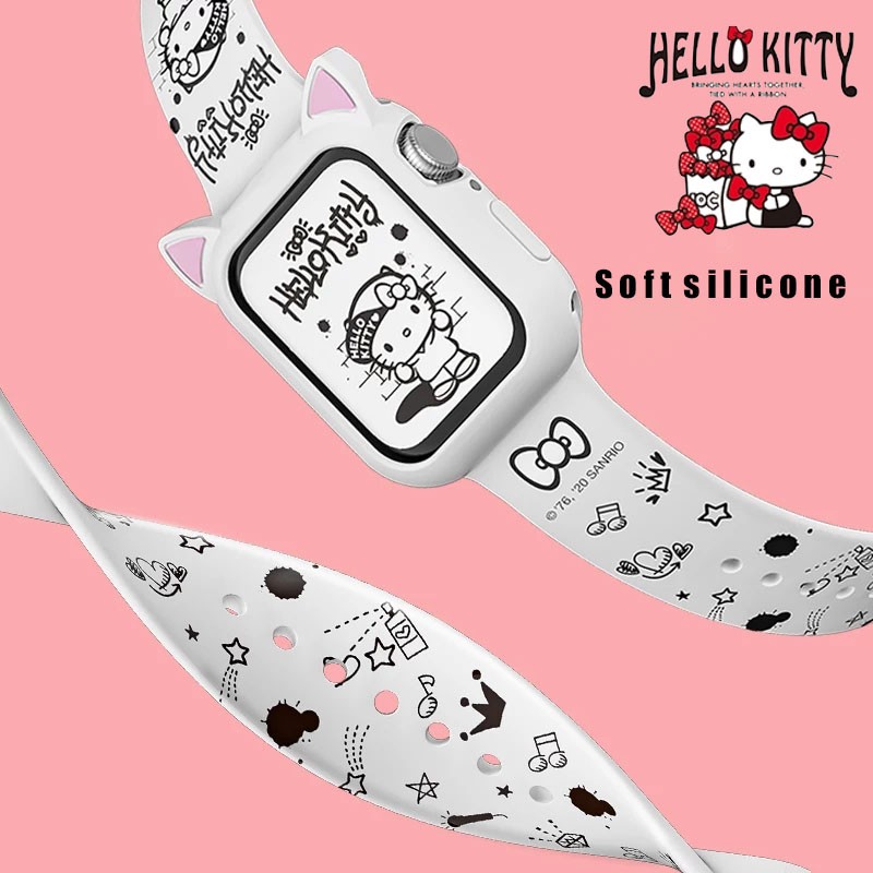 Dây Đồng Hồ Thông Minh Bằng Silicone Hình Hello Kitty 38mm 40mm 44mm T500 / U78 Plus / Hw22 / Hw12 / W46 / Watch 6