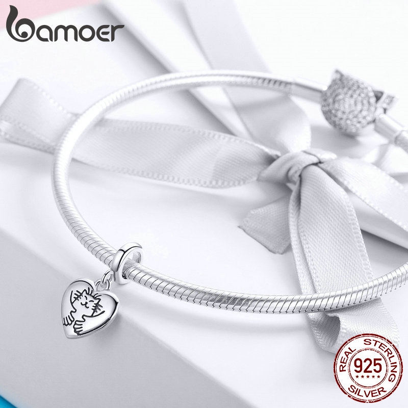 Mặt Trang Sức Bamoer Bằng Bạc 925 Hình Trái Tim Chạm Khắc Hình Chú Mèo Xinh Xắn Dùng Trang Trí Phụ Kiện DIY