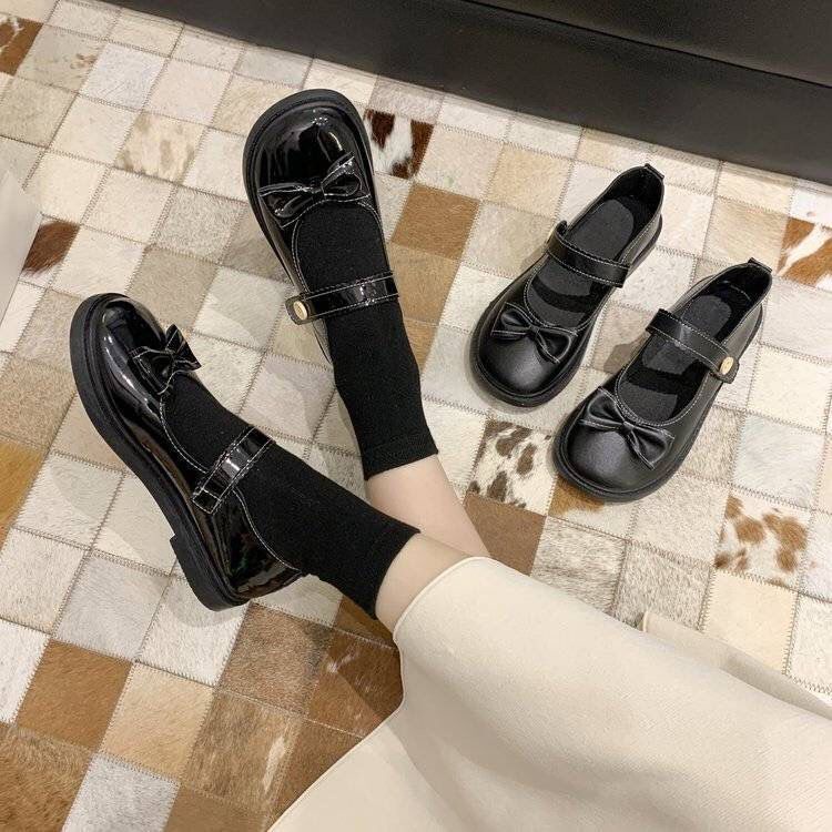 Giày Lười Mũi Tròn Đính Nơ Màu Đen Dễ Thương Cho Nữ