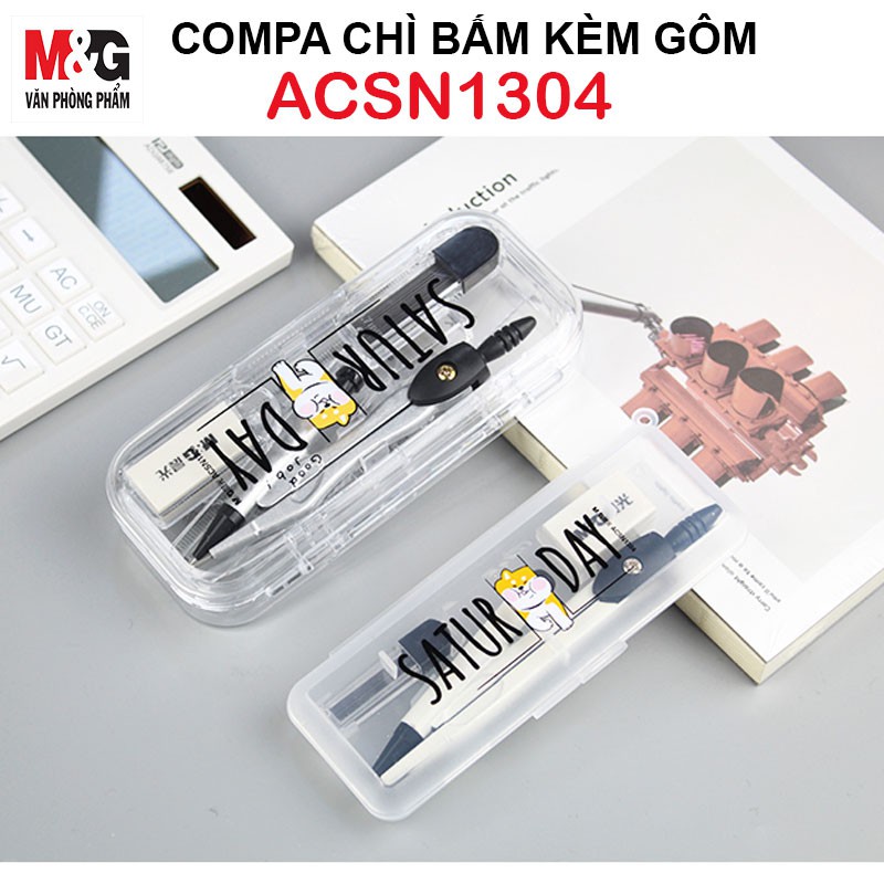 Compa Saturday M&G ACSN1304 chì bấm kèm cuc gôm, hộp ngòi màu Đen có hình mèo