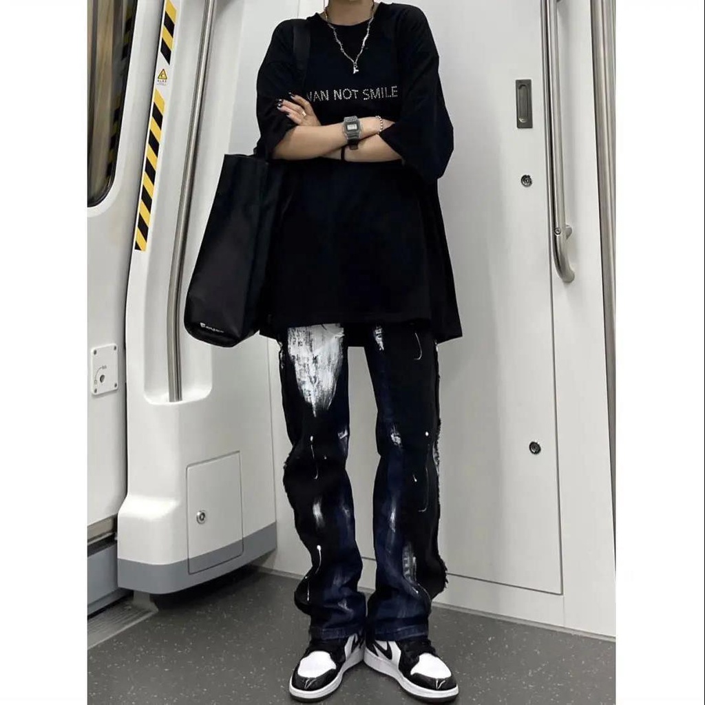 Quần Jean Lưng Cao Ống Rộng Cá Tính Dành Cho Nữ