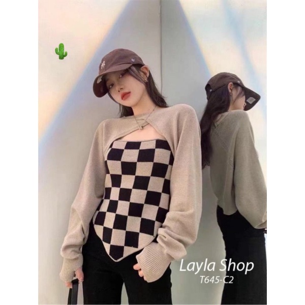 🅰️ Siêu phẩm Sét áo Yếm Caro Vạt Chéo và Áo khoác Ngoài, mẫu form body ôm