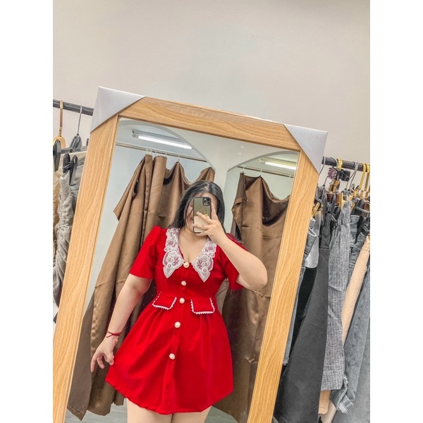 Bigsize  váy nhung phối ren cổ siêu xinh - đầm cổ ren dự tiệc siêu xinh
