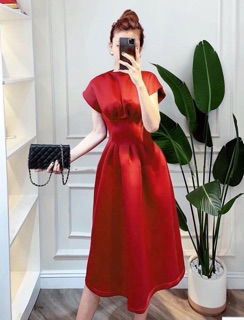 Đầm đỏ tay con xếp li eo (kèm hình thật)