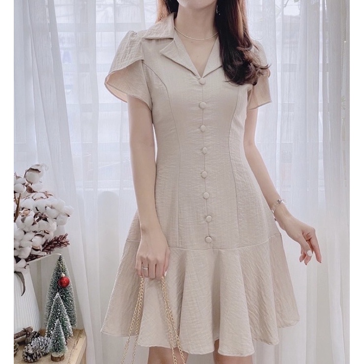 Đầm cổ vest nút bọc may hai lớp thiết kế cao cấp