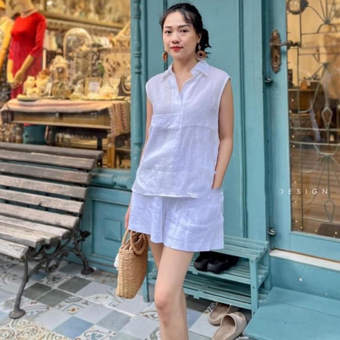 Sét bộ đi chơi Linen Premium, Áo sát nách cổ đức kèm quần cộc SLINEN - Trắng