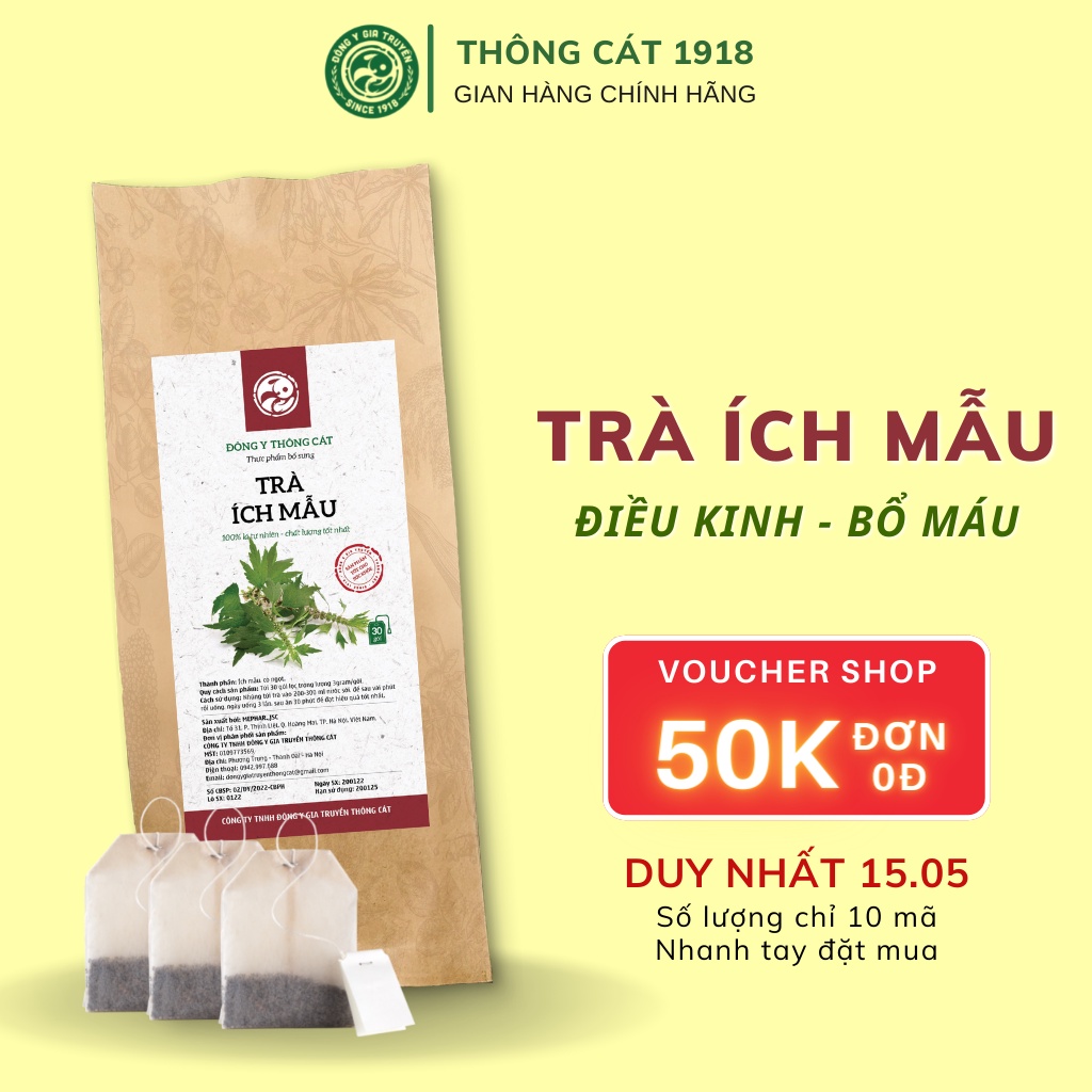 Trà Ích Mẫu  Gia Truyền Thông Cát_Trà túi lọc thảo mộc điều hòa kinh nguyệt, cân bằng nội tiết, giảm đau bụng kinh