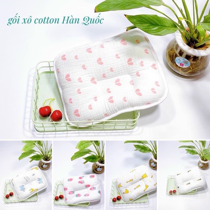 Gối xô cotton Hàn Quốc, chống bẹp đầu, thấm hút mồ hôi dành cho bé sơ sinh 0 đến 3 tháng