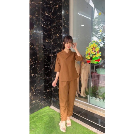 Bộ nữ đi chùa 1 nút kate không thêu.