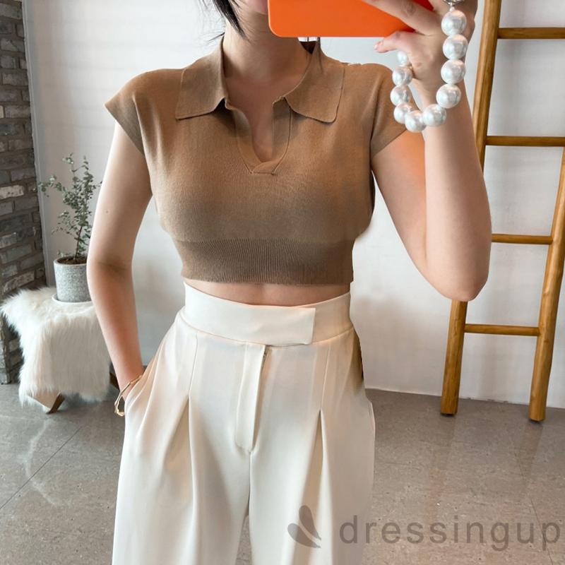 Áo Dệt Kim Tay Ngắn Cổ Chữ V Màu Sắc Đơn Giản Cho Nữ